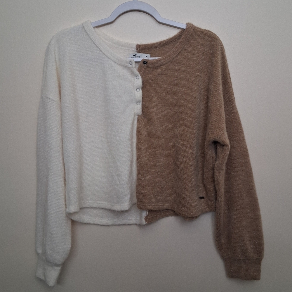 Hollister Two Tone Henley Sweater Top Medium Boxy Slouchy Fuzzy - Picture 2 of 11
